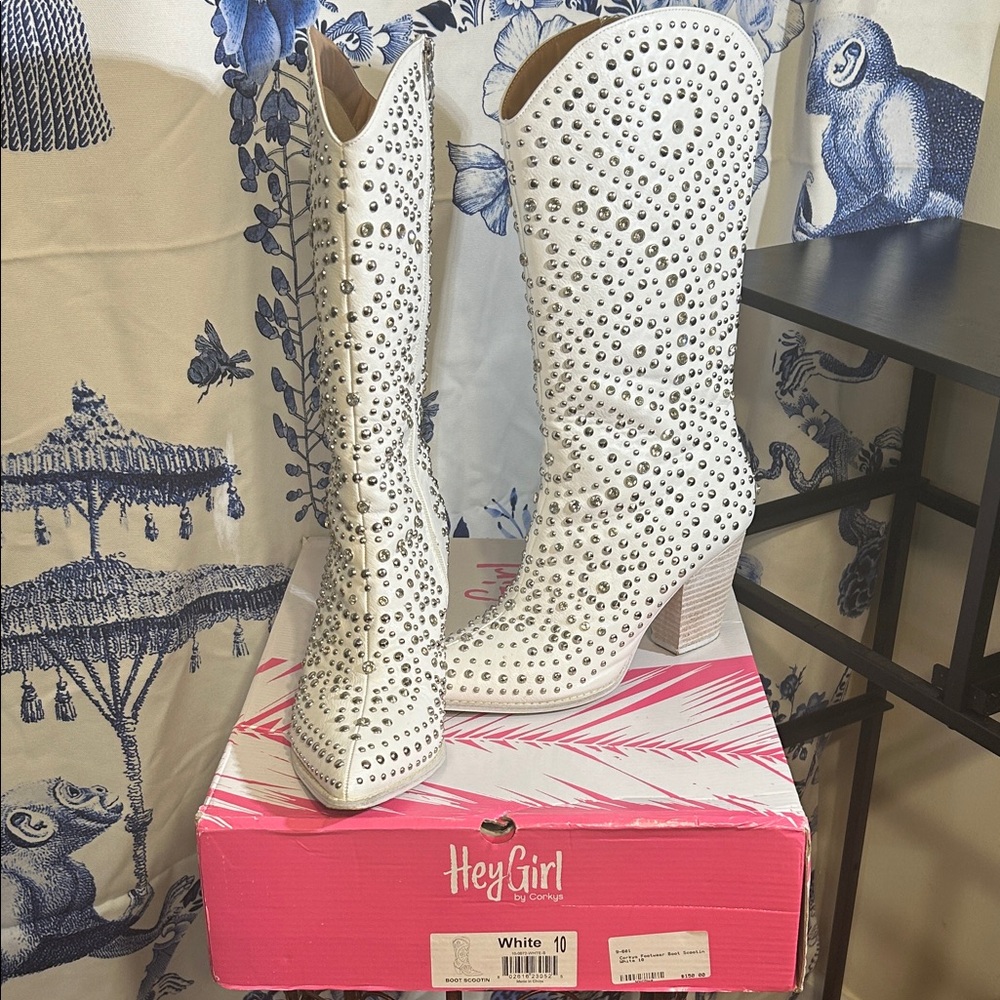 Corkys “Boot Scootin” White Rhinestone & Studded Heeled Boots with Box:EC